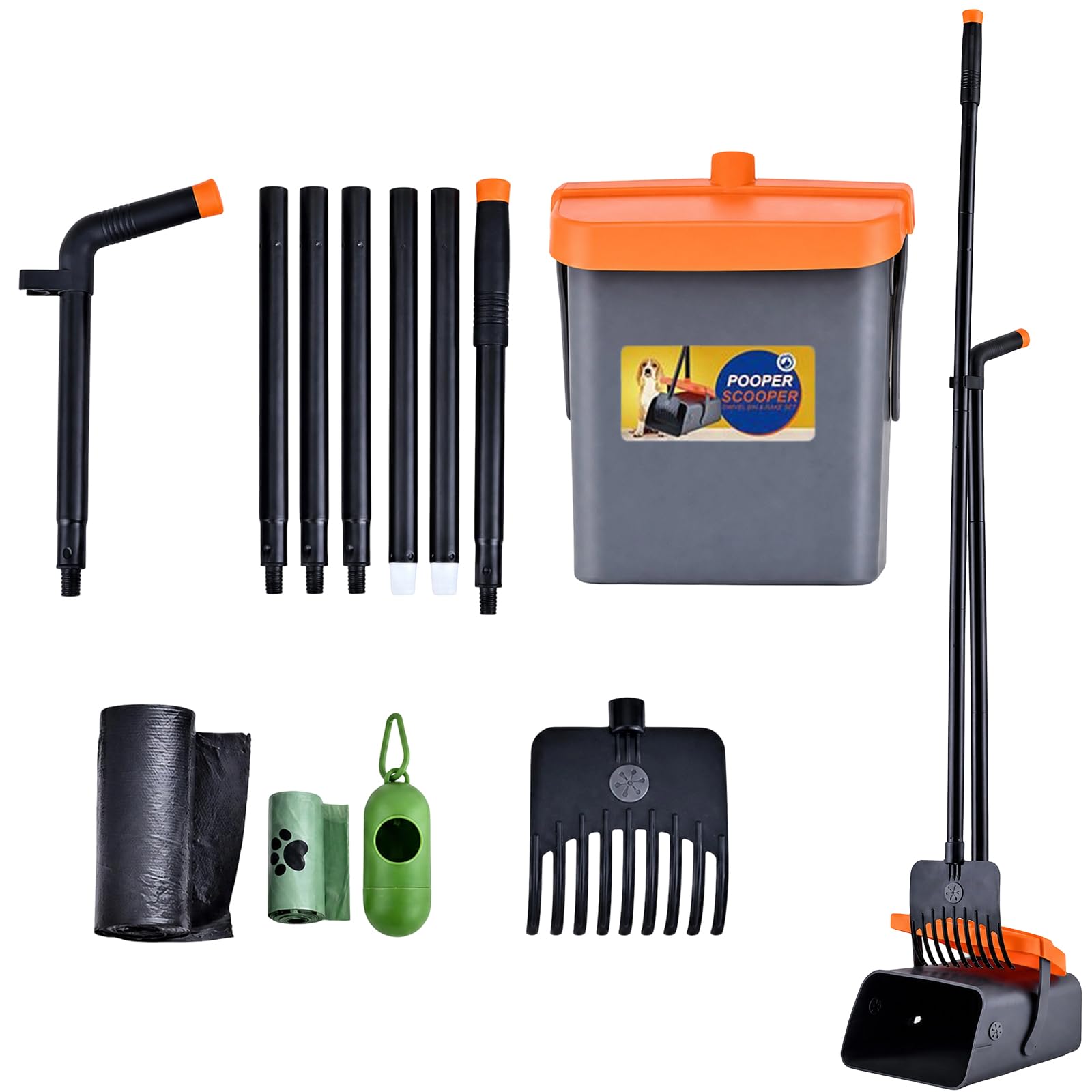 Orange long-handle dog pooper scooper with swivel bin and rake